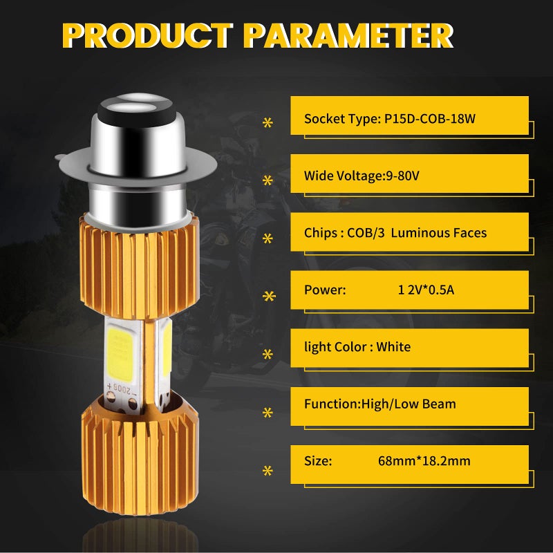 YM EBright YM E-Bright P15D Motorcycle lights Lamp 3 COB 18W LED Bulbs High Low Beam White Pack of 2 - Image 2